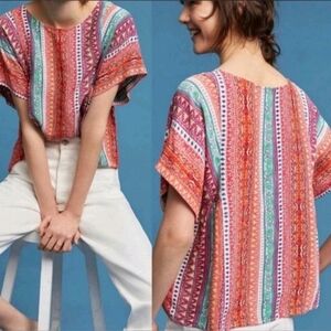 Maeve Anthropologie Milla Aztec Boho Print Top Women's Sz S Viscose Short Sleeve